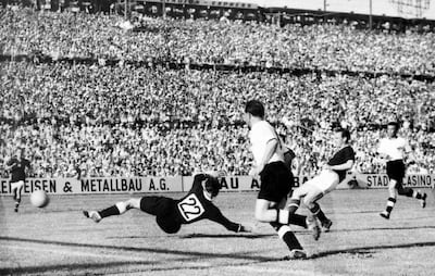Nandor Hidegkuti scores Hungary's fifth goal at the 1954 World Cup. AFP