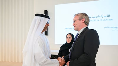Sheikh Hamed bin Zayed, managing director of Abu Dhabi Investment Authority, welcomes Prof Pasi Sahlberg from the University of Melbourne to Majlis Mohamed bin Zayed at Al Bateen Palace, with moderator Dr May Laith Al Taee, vice chancellor of Emirates College for Advanced Education, in the centre. All photos: UAE Presidential Court