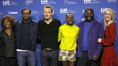 From left, Alfre Woodard, Chiwetel Ejiofor, Michael Fassbender, Lupita Nyong'o, Steve McQueen and Sarah Paulson of 12 Years a Slave, which debuted at the Telluride film festival. Photo by Walter McBride