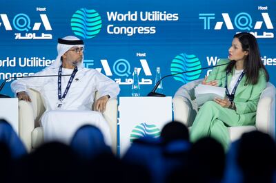 Suhail Al Mazrouei, UAE Minister of Energy and Infrastructure, and Maria Panayiotou, Cyprus's Minister of Agriculture, Rural Development and Environment, during a panel discussion. Ahmed Ramzan for The National