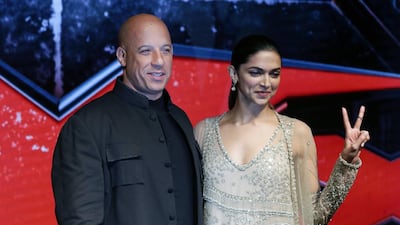 Vin Diesel and Deepika Padukone, in beaded Sabyasachi, during a promotional event for 'xXx: The Return of Xander Cage' in Mumbai on January 12, 2017. EPA