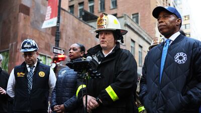 NEW YORK, NEW YORK - APRIL 18: FDNY Chief of Fire Operations John Esposito speaks during a press conference near the site of a parking garage collapse on April 18, 2023 in New York City. One person was killed and five were injured with one refusing medical treatment after the collapse of a parking garage in the Financial District next to a Pace University building. Michael M. Santiago/Getty Images/AFP (Photo by Michael M. Santiago / GETTY IMAGES NORTH AMERICA / Getty Images via AFP)