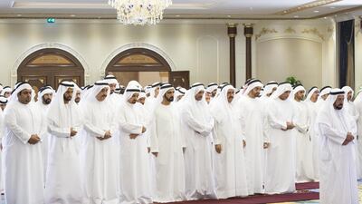 Dr Sheikh Sultan bin Mohammed Al Qasimi, Ruler of Sharjah, leads prayers during an Iftar reception at Mushrif Palace. Ryan Carter / Crown Prince Court — Abu Dhabi