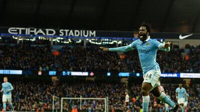 Wilfried Bony of Manchester City celebrates scoring the team’s third goal against Sunderland in a Premier League win on Saturday. Oli Scarff / AFP