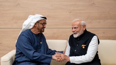 Sheikh Mohamed greets Narendra Modi, Prime Minister of India. Photo: UAE Presidential Court