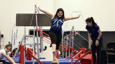 A young gymnast takes part in the UAE Games in Dubai on Wednesday. Chris Whiteoak / The National