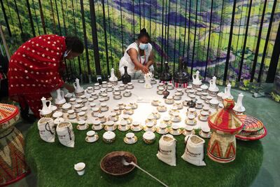 Different types of coffee on display at the Ethiopia Pavilion at Expo 2020 Dubai. Pawan Singh / The National
