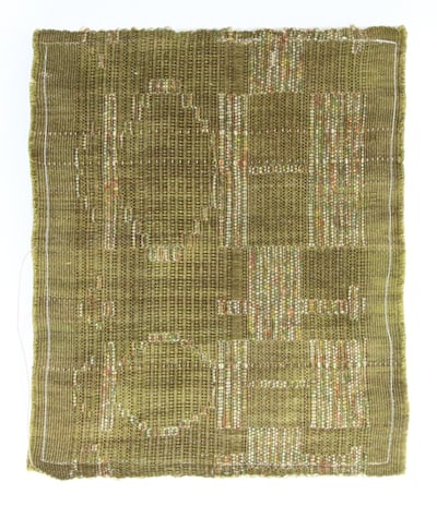 Zuhoor Al Sayegh hand-weaves her textile works; this is 'Zaatar Study 1' from 2018. It is selling for Dh2,950. Courtesy 101