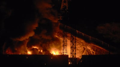 A fire at Fuerte Tiuna, Venezuela's largest military complex, after a series of explosions in Caracas on Saturday. AFP
