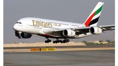 An Airbus A380 of Emirates Airline takes off in Dubai.