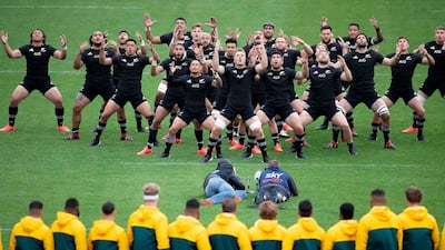 New Zealand players perform the haka before the start of the Bledisloe Cup rugby union match between New Zealand and Australia in Wellington. AFP