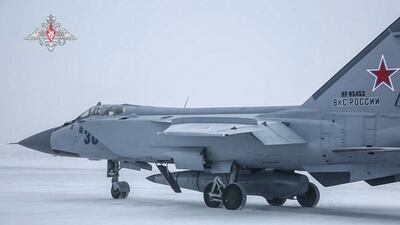 A MiG-31K fighter of the Russian air force carrying a Kinzhal hypersonic cruise missile during the Grom-2022 Strategic Deterrence Force exercise at an undefined location in Russia. AFP