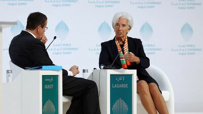 The managing director of the IMF, Christine Lagarde, at the World Government Summit in Dubai on Sunday. She says the strong dollar and higher rates could be difficult for the global economy. Reuters