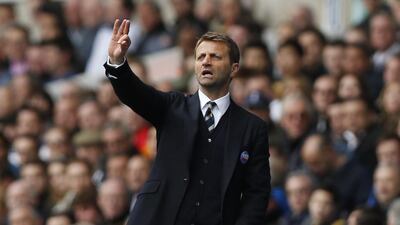 Tottenham Hotspur manager Tim Sherwood calls out to his players during their Premier League match against Fulham at White Hart Lane, on April 19, 2014. Sang Tan / AP Photo