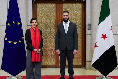 EU crisis management chief Hadja Lahbib in Damascus with Syria's President Ahmad Al Shara in January, 2025. Sana / AFP