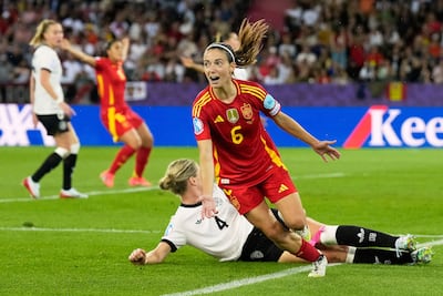 Spain's Aitana Bonmati celebrates after scoring the opening goal during the Women's Euro 2025 semi-final against Germany. AP