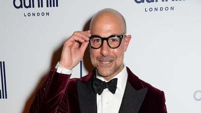 Stanley Tucci wore a burgundy velvet dinner jacket, black formal trousers, white evening shirt. Courtesy dunhill