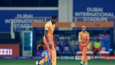 Dominic Drakes of Gulf Giants celebrates the wicket of Wanindu Hasaranga.
