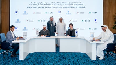 Executives from Adnoc, Masdar, the Fujairah Natural Resources Corporation and British-Omani company 44.01 at the signing ceremony. Photo: Adnoc
