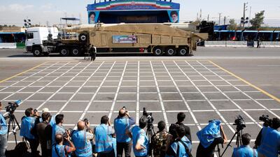 A truck carrying long range missile 'Sejil' during the annual military parade marking the Iraqi invasion in 1980. EPA