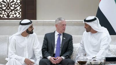 Sheikh Mohamed bin Zayed; James Mattis, former US Secretary of Defence; and Sheikh Mohammed bin Rashid attend an iftar reception at Al Bateen Palace.