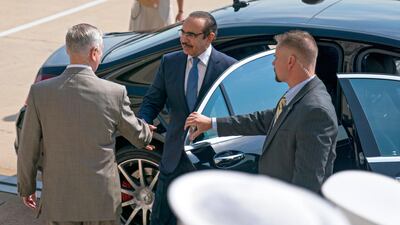 Bahraini interior minister Lieutenant-General Sheikh Rashid Al Khalifa (centre) is seen here being welcomed by US secretary of defence James Mattis as he arrives at the Pentagon on July 13, 2017. Shawn Thew / EPA