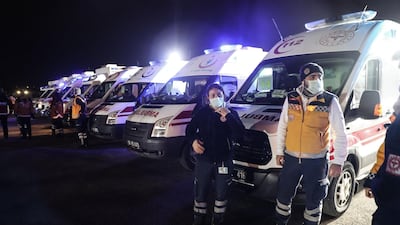 Ambulances and medics wait for the arrival of 42 people from Turkey, Azerbaijan, Georgia and Albania on a Turkish Air Force cargo plane at the Etimesgut military Airport in Ankara after being repatriated from the Chinese city of Wuhan, the epicentre of the new coronavirus outbreak. AFP