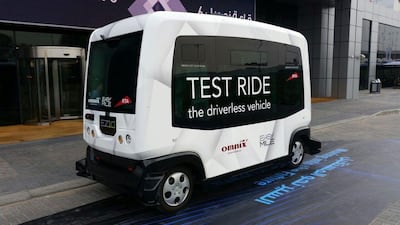 A ten-seater driverless car is being test run in Dubai during the second MENA Transport Congress and Exhibition. Courtesy RTA