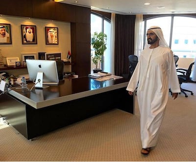 Sheikh Mohammed bin Rashid, Vice President and Ruler of Dubai, made a surprise visit to government departments in 2016 to assess productivity. Courtesy Dubai Media Office