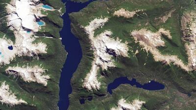 R, what beings with R? Radiometers and radiosondes. Rome and Rotterdam. The resplendent solar radiation reflecting from the surface of this lake. On January 20, 2015, the Operational Land Imager on Landsat 8 captured this image of Lago Menendez in Argentina. Courtesy NASA