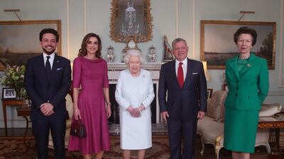 Crown Prince Hussein of Jordan, Queen Rania of Jordan, Queen Elizabeth II, King Abdullah II of Jordan and Princess Anne, Princess Royal at Buckingham Palace on February 28, 2019. Getty Images