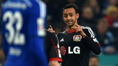 Bayer Leverkusen forward Karim Bellarabi celebrates scoring on Saturday in his side's 1-0 Bundesliga win over Schalke. Patrik Stollarz / AFP / March 21, 2015