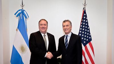 US Secretary of State Mike Pompeo shakes hands with Argentine President Mauricio Macri during a meeting at Olivos presidential residence in Buenos Aires. AFP