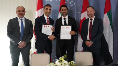 Dr Thani Al Zeyoudi, UAE Minister of Foreign Trade, with Canada's Minister of International Trade, Maninder Sidhu, second right, in Toronto. Photo: Canada Trade