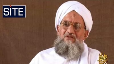 A still from a video message issued by Ayman Al Zawahiri in November 2008, when he was second-in-command of Al Qaeda. Site Intelligence Group / AFP