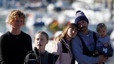 Climate change activist Greta Thunberg speaks upon her arrival at Santo Amaro port in Lisbon. Reuters