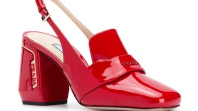 Prada square toe court shoe. Farfetch.