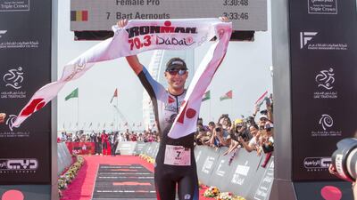 Bart Aernouts after winning Ironman Dubai. Leslie Pableo for The National