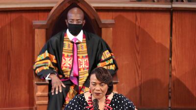 Dr Bernice King speaks in front of Rev Raphael G Warnock during the funeral. Reuters