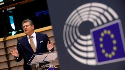 EU Commission Vice President Maros Sefcovic gestures as he addresses a debate about EU financing and economic recovery with EU lawmakers at The European Parliament in Brussels on July 8, 2020. AFP