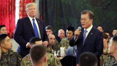 South Korean president Moon Jae-in delivers a speech as he and US president Donald Trump meet South Korean and US soldiers over lunch at Camp Humphreys in Pyeongtaek, South Korea. Yonhap / EPA