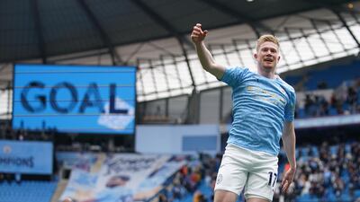 Manchester City's Kevin De Bruyne celebrates scoring against Everton. Reuters