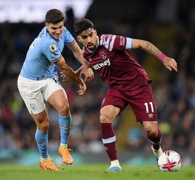 West Ham's Lucas Paqueta, right, could soon be playing alongside Julian Alvarez at Manchester City. Getty