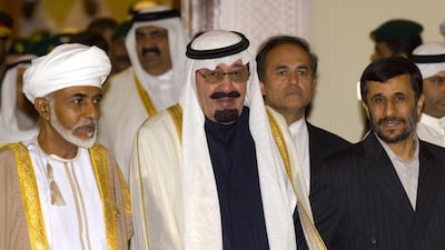 Oman’s Sultan Qaboos, left, Saudi Arabia’s King Abdullah bin Abdul Aziz Al Saud, centre, and Mahmoud Ahmadinejad, Iran’s president, right, walk into the opening ceremony of the 28th Gulf Cooperation Council held in Doha, Qatar, on Monday, Dec. 3, 2007. Charles Crowell / Bloomberg