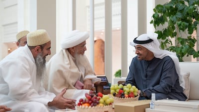 President Sheikh Mohamed meets Sultan Mufaddal Saifuddin, leader of the Dawoodi Bohra community, second right, at Al Shati Palace. All photos: Presidential Court