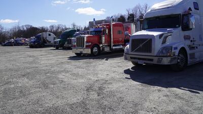 Lorries line the parking lot of the Hagerstown Speedway.