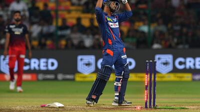 Lucknow Super Giants' Ayush Badoni after hitting the wicket. AFP