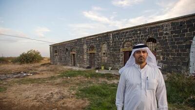 Sheikh Saleh al Tahan al Nueimi, an advisor to the Quneitra governor, outside the old al Nueimi tribal meeting room, in the village of Hamreet, in the Golan.