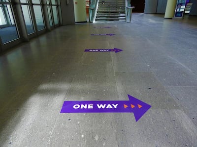 Social distancing signs are in place on camus as part of Covid-19 safety measures. Courtesy: NYU Abu Dhabi