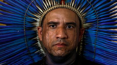 The leader of the Tuxa people, Dinam Tuxa, during a press conference in a Greenpeace ship in Para, Brazil. EPA